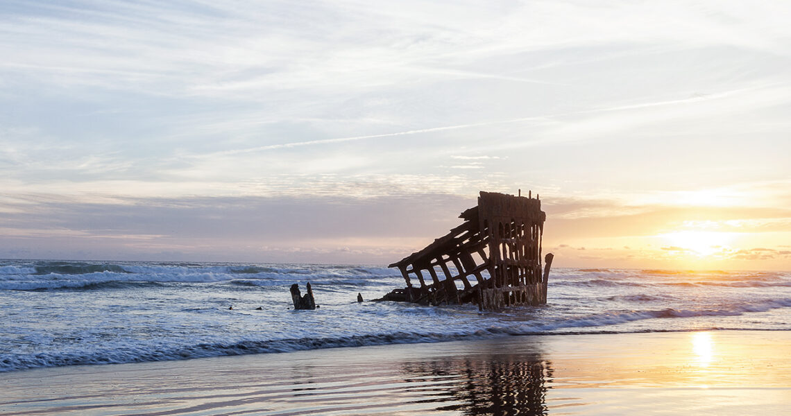 The remains of the Peter Iredale Shipwreck at Fort Stevens State Park in Warrenton, Oregon