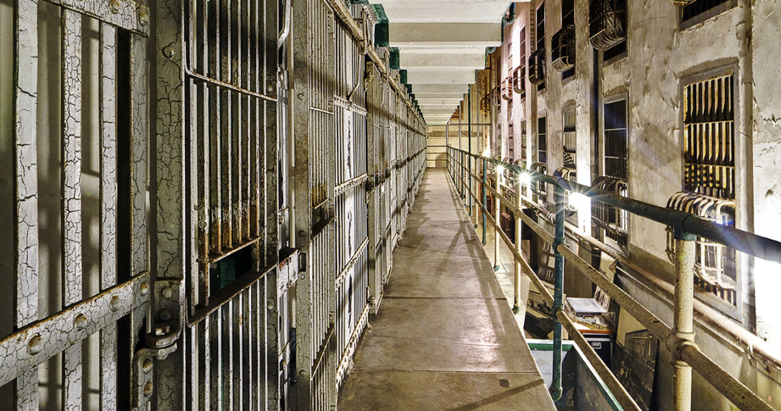 Cell Block A maintains a military-era design, featuring strap-iron bars and spiral staircases in the main prison building of Alcatraz Island in San Francisco, California.