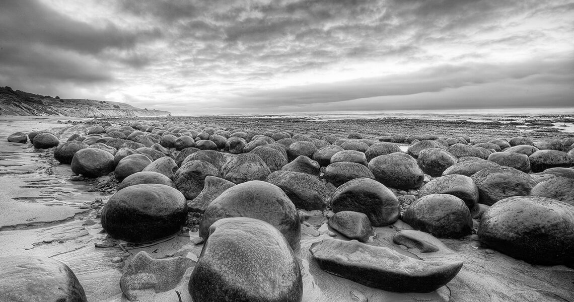 Low Tide exposes the spherical rocks at Bowling Ball Beach in Point Arena, California.